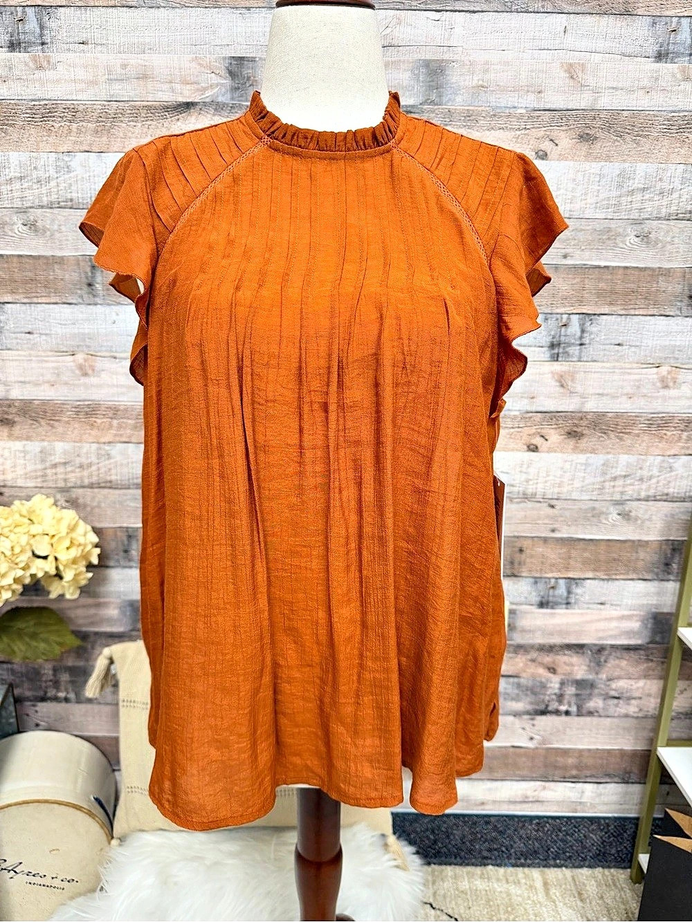 Nanette Rust Blouse with Flutter Sleeves